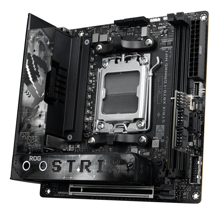  X870 mini-ITX Motherboard: AM5 Socket For AMD Ryzen 7000/8000/9000 Series Processors<BR>2x DDR5, 2x SATA 6Gb/s, PCIe 5.0, 1x M.2 Gen5* + 1x M.2 Gen4, USB 4.0, 1x 2.5GbE LAN, Wi-Fi 7 + Bluetooth 5.4, ROG Strix Hive II Audio, USB4/HDMI  